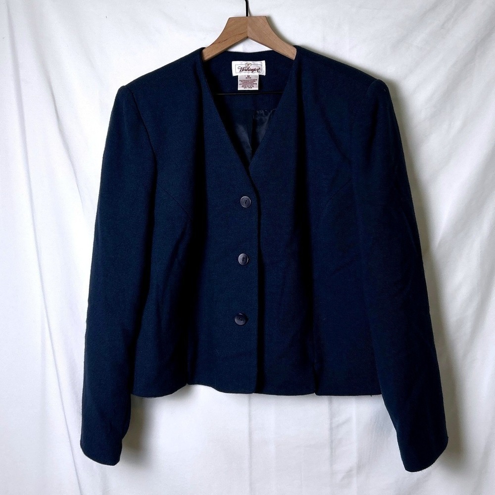 Worthington Womens Blazer Navy Blue Size 16P Cropped Vintage Office Career